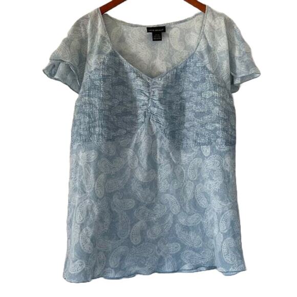Lane Bryant Pale Blue Paisley Boho Short Ruffle Sleeve Top/Blouse Ruched, 18/20 - Picture 1 of 13